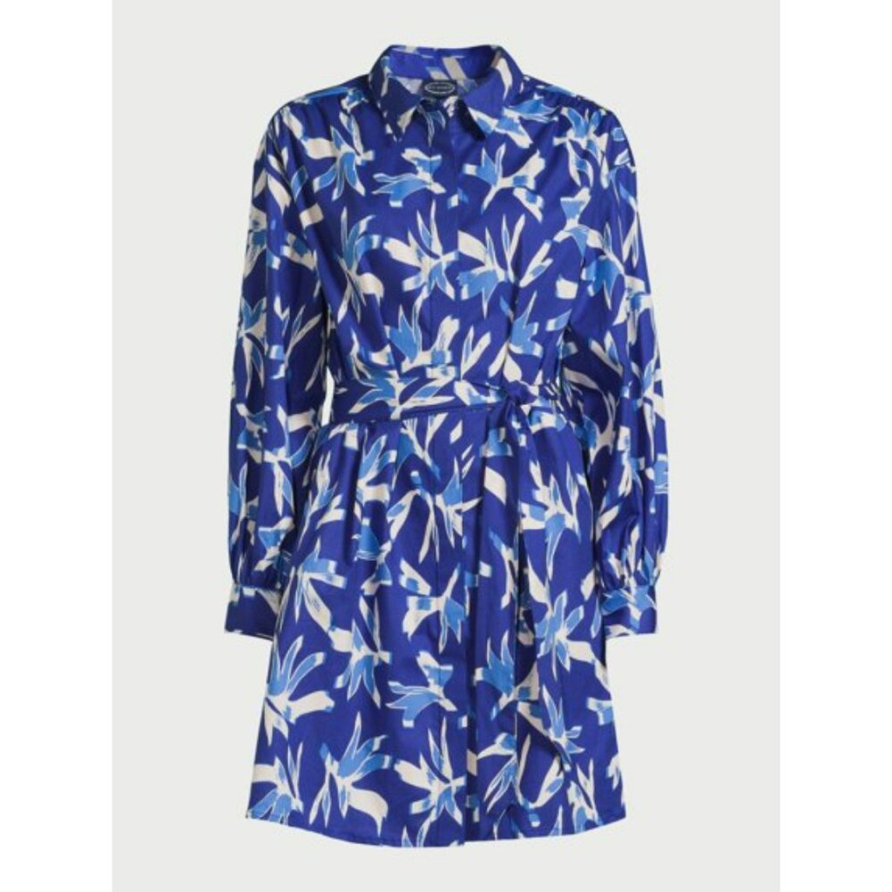 Scoop NYC Blue Floral Balloon Sleeve Dress Sz M Poplin Shirt dress w/ Pockets